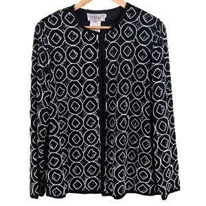 Papell Boutique Black White Heavily Beaded Geometric Design Silk Blazer Jacket M